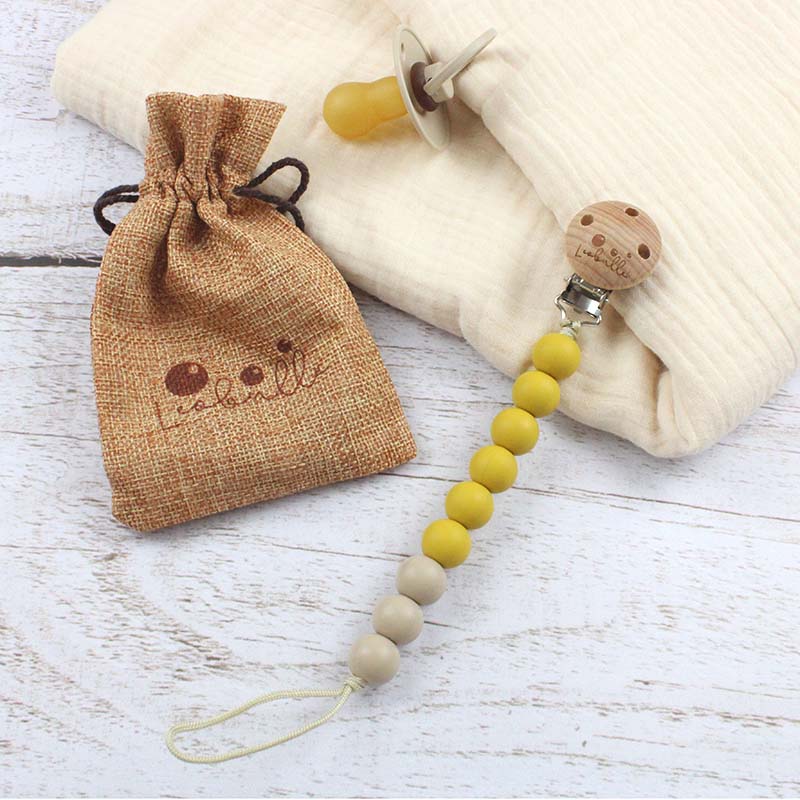 Kit DIY attache tétine renard perles silicone rondes jaune moutarde, gris  foncé, beige et perles en bois normes CE , NF 71 -  France