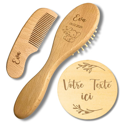 Pack Bébé Grandit – Brosse & Peigne Personnalisés + Plaque Prénom Bois