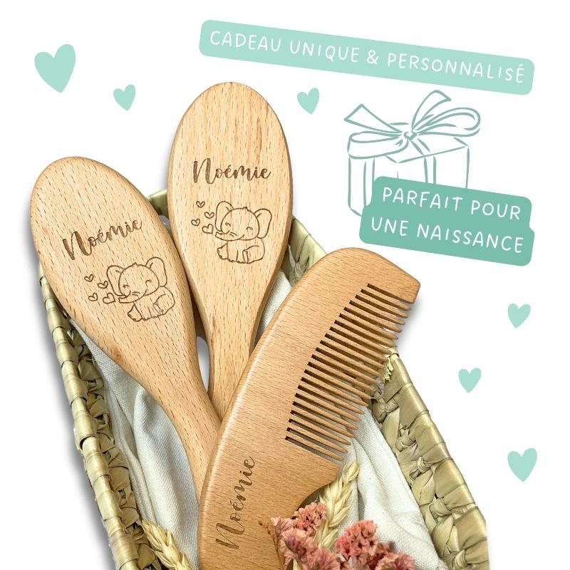 Coffret Peigne Et Brosse Bébé En Bois Personnalisable Avec Prénom Gravé - Idéal Cadeau Naissance, Toilettage Doux Et Naturel - 9