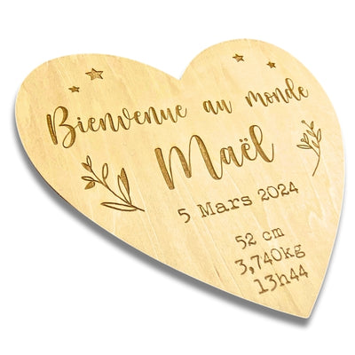 Carte De Naissance - Coeur En Bois Personnalisé