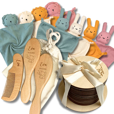 Coffret Naissance Bébé – Brosses & Cartes Étapes + Doudou au choix