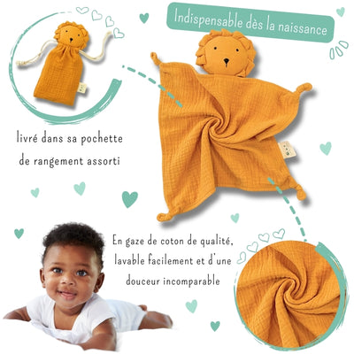 doudou plat lion en gaze de coton