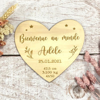 Carte de naissance - coeur en bois personnalisé