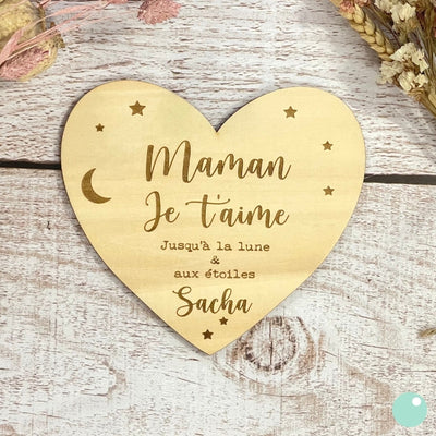 Coeur en bois Personnalisable - Je t'aime jusqu'a la lune et les étoiles