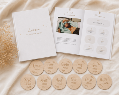 Livre de naissance TRIBU et cartes étapes mois pas mois étoiles en bois Leobulle 