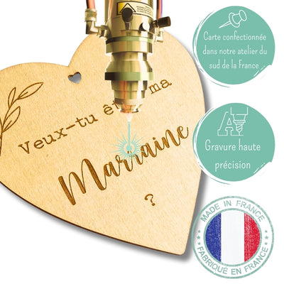 Cœur En Bois Gravé Demande Parrain/marraine Leobulle - Cadeau Baptême Personnalisé 10x10 Cm, Enveloppe Kraft - 7