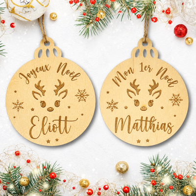 Boule de Noël Joyeux Noël et Mon 1er Noël personnalisée en bois 