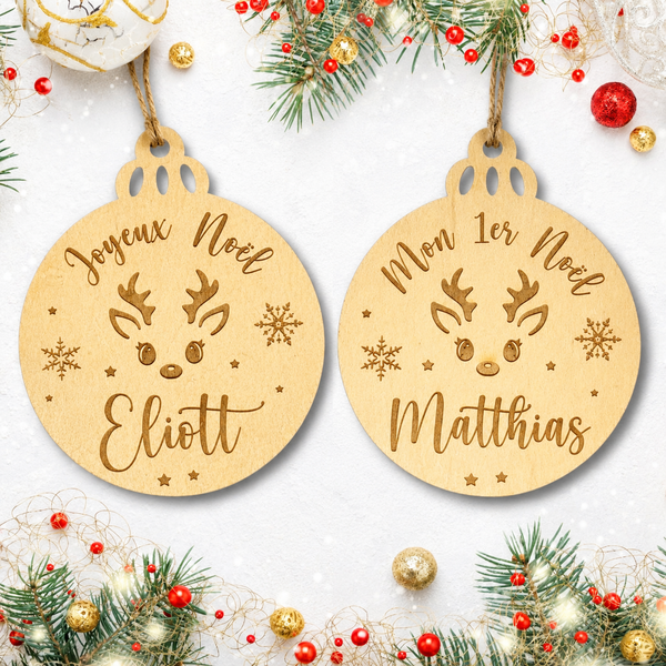 Boule de Noël Joyeux Noël et Mon 1er Noël personnalisée en bois 
