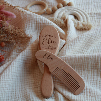 Brosse bébé en poils & Peigne - Feuille - Elie