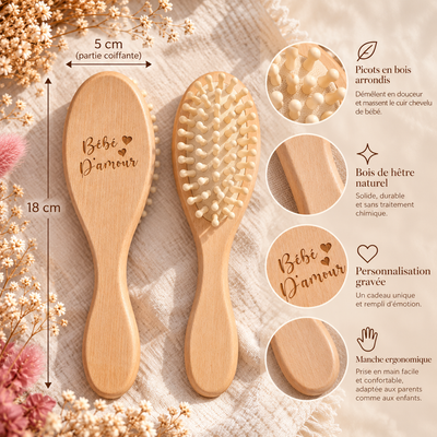 Brosse à picots en bois avec gravure unique - Longueur 18cm, larheur 5 cm, picots arrondis et manche en bois naturel