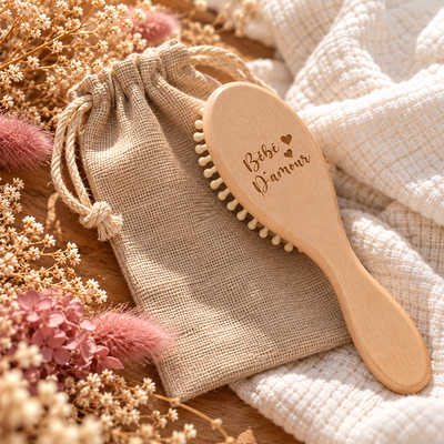 Brosse à picots en bois pour bébé et jeunes enfants, présentée sur une pochette cadeau en toile de jute naturelle