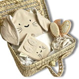 Coffret de bain avec valisette en feuille de palmier, kit brosses bébé personnalisé, cape de bain et gant assortis en gaze de coton