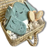 Coffret de bain avec valisette en feuille de palmier, kit brosses bébé personnalisé, cape de bain et gant assortis en gaze de coton