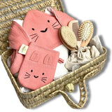Coffret de bain avec valisette en feuille de palmier, kit brosses bébé personnalisé, cape de bain et gant assortis en gaze de coton