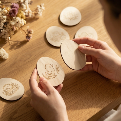 Personne jouant au jeu de mémoire de Pâques en bois, associant les paires de cartes avec lapins et œufs, activité ludique et éducative