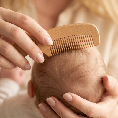 Maman qui peigne bébé avec un peigne en bois gravé au prénom de bébé 