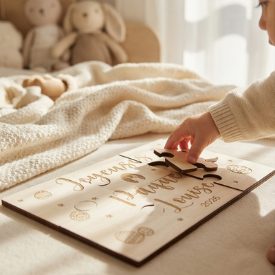 Puzzle en bois 6 pièces personnalisé avec prénom de l’enfant, thème Pâques