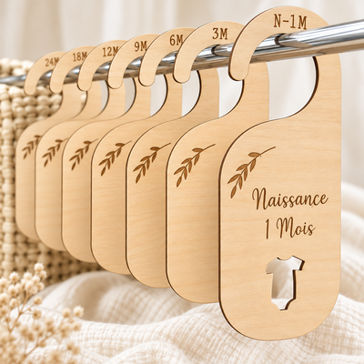 Détail des crochets et de la gravure du séparateur de penderie naissance et 1 mois