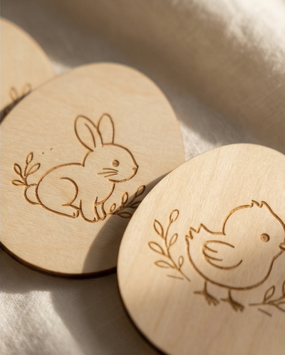 Cartes du jeu de memory en bois sur le thème de Pâques, illustrations de lapins, et poussin, jeu éducatif pour enfants